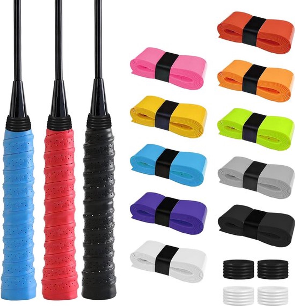 Antislip grip-tape-set voor tennisrackets, 10 stuks kleurrijke gripbands en 4 siliconen ringen voor badminton- en tennisrackets