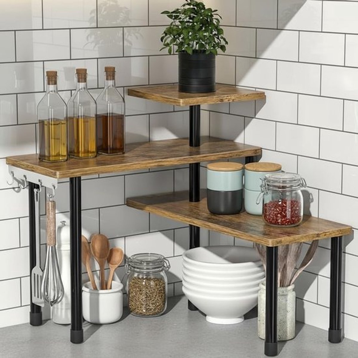 Hoekplank voor de Keuken - 3-laags Kruidenschap met 4 Haakjes, Ruimtebesparend en Verstelbaar voor Koffiehoek en Organisatie