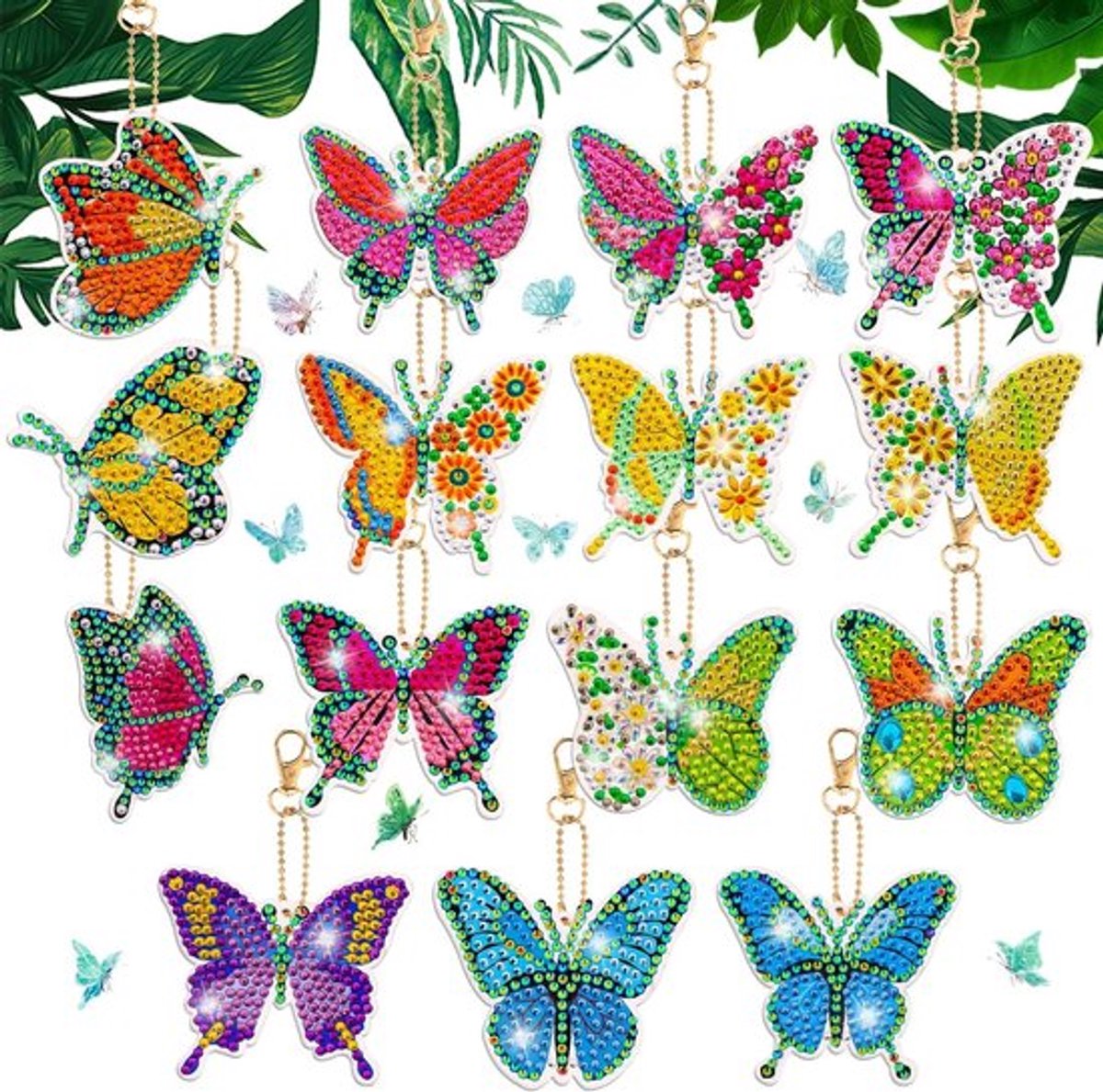 15-delige Sleutelhanger Set met Vlinder Diamant Schilderkunst, Dubbelzijdige 5D Sleutelhangers voor Volwassenen, Creatieve Lente en Zomer Decoratie, Multikleur
