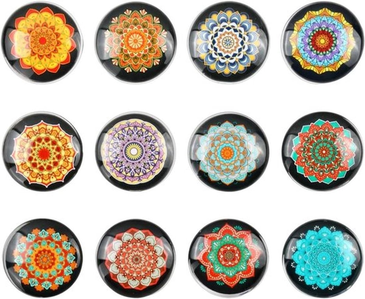 Set van 12 Mandala Koelkastmagneten, Decoratieve Glazen Magneten voor Kantoor en Keuken, Caleidoscooppatroon, 30 mm