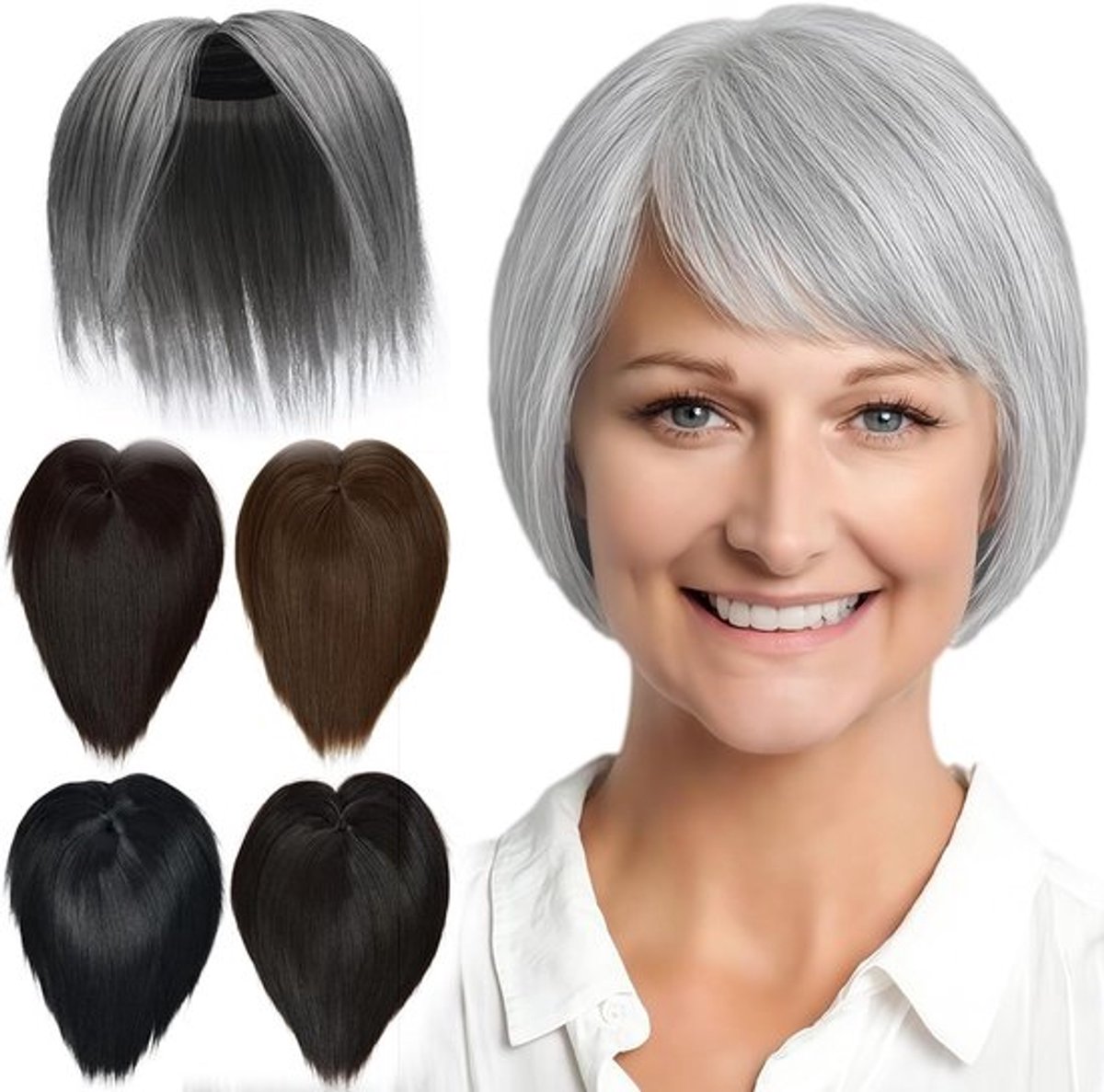 Korte Haar Topper Clip-In Haar Extensions voor Dames met Dun Haar, Synthetisch Haar in Donker Zilvergrijs, Haarstuk voor Volumineus en Stijlvol Haar