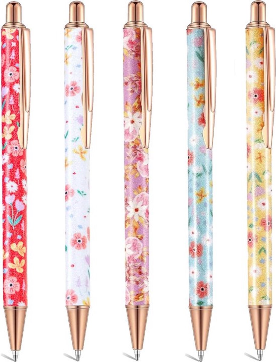 5 stuks hoogwaardige intrekbare balpennen met bloemenprint in zwart, perfect voor kantoor en huishouden, esthetische schrijfgerei voor kantoorgeschenken