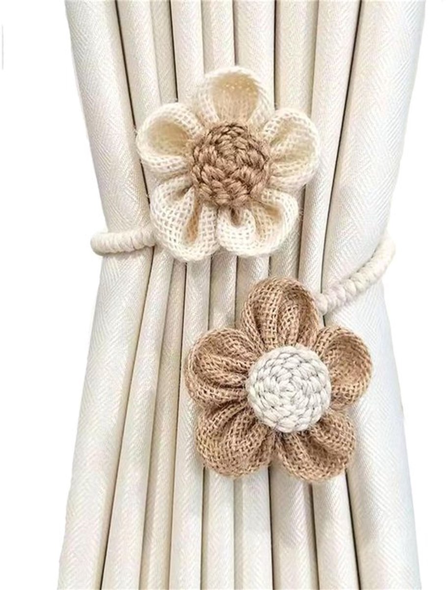 Gordijnhouders Handgemaakt - 6 Stuks - Elastische Gordijnhouders - Katoen/Linnen - Beige/Kaki - 53 cm Lengte - Gordijnstrik