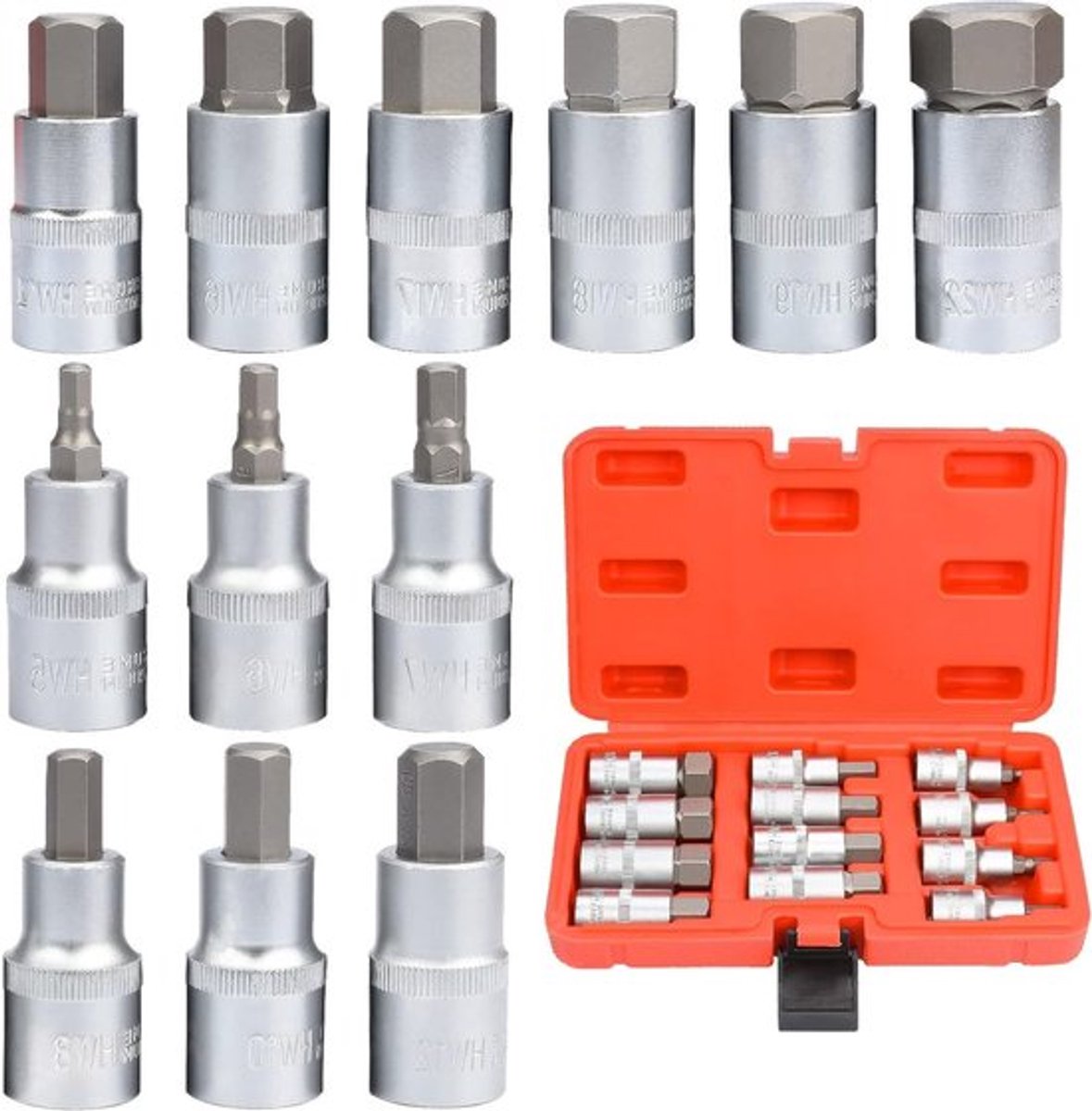 Premium 12-delige Hex Socket Set met Schroevendraaier Bits en Inbussleutels - 1/2 Inch, S2 Staal, Meten
