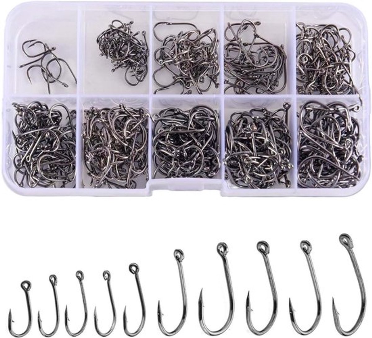Allround Vissershaak Set met Oog, Carbon Staal in 10 Maten, Barbless en Met Oog, Vissersaccessoires, 500 Stuks voor Diverse Vistechnieken