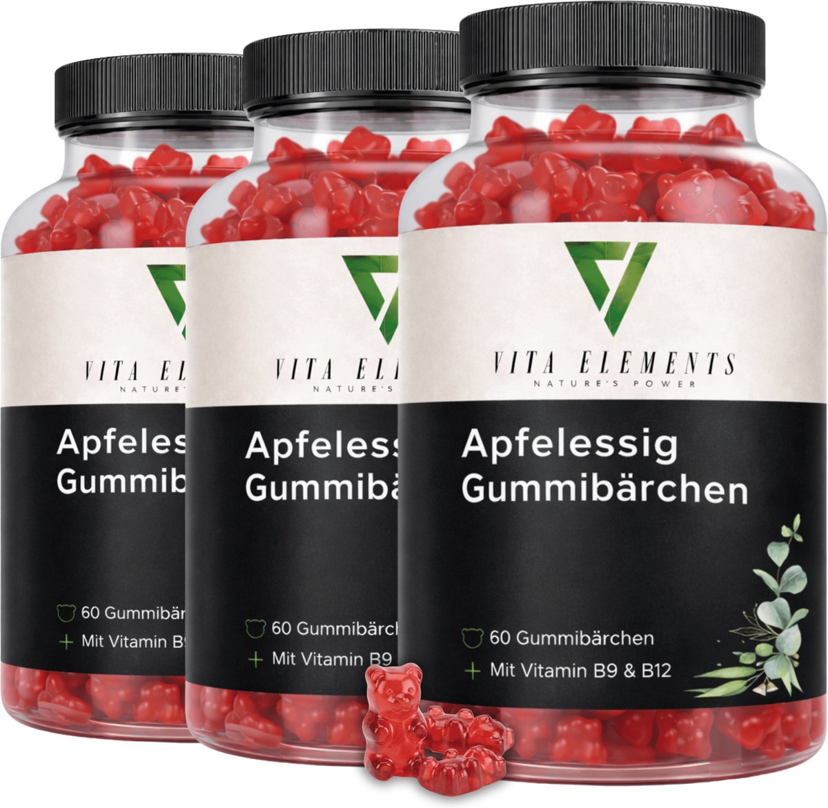 Vita Elements Appelazijn Gummies met Vitamine B12 en Foliumzuur - Biologische Rode Biet en Granaatappel - 60 Stuks - Veganistisch Voedingssupplement - Set van 3