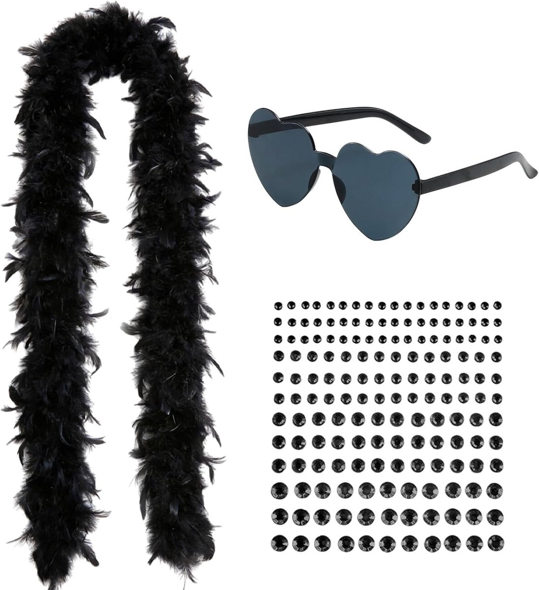 Zwarte Veersjaal van 2m met Hartvormige Zonnebril - Perfect voor Carnaval, Kostuumfeesten en Theatrale Optredens