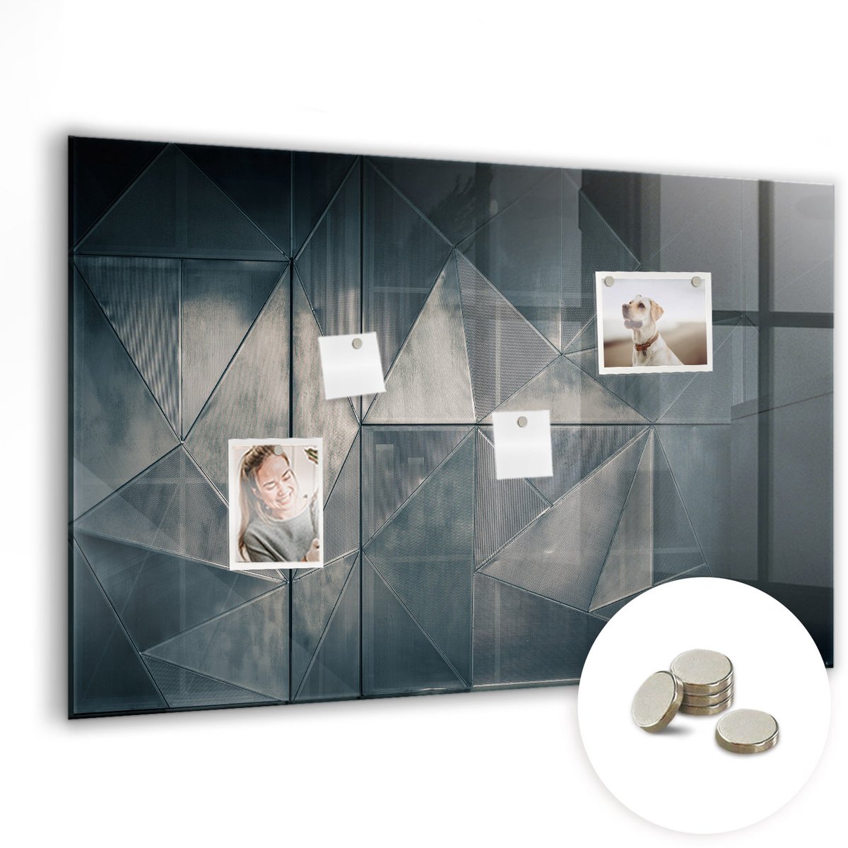 Coloray Glazen Magneetbord - Magnetisch Bord Abstracte driehoeken - 90x60 cm - Zwart Magneetbord - Magnetic Board - Bureau Decoratie