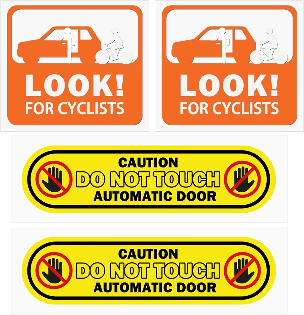 Set van 4 goed zichtbare veiligheidsstickers voor voertuigen met waarschuwingen voor fietsers en automatische deuren, vinylstickers voor autoramen en waarschuwingslabels