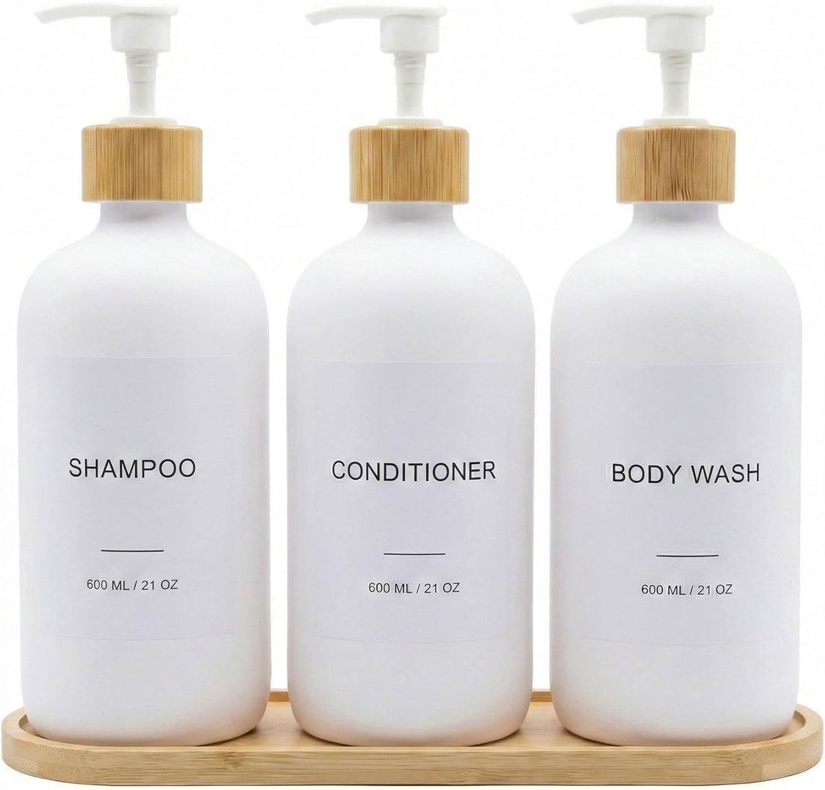 Shampoo- en Conditionerdispenser met Bamboe Plank, Set van 3 Herbruikbare 600 ml PET Flessen met Pomp, Trechter en Labels voor Badkamerorganisatie