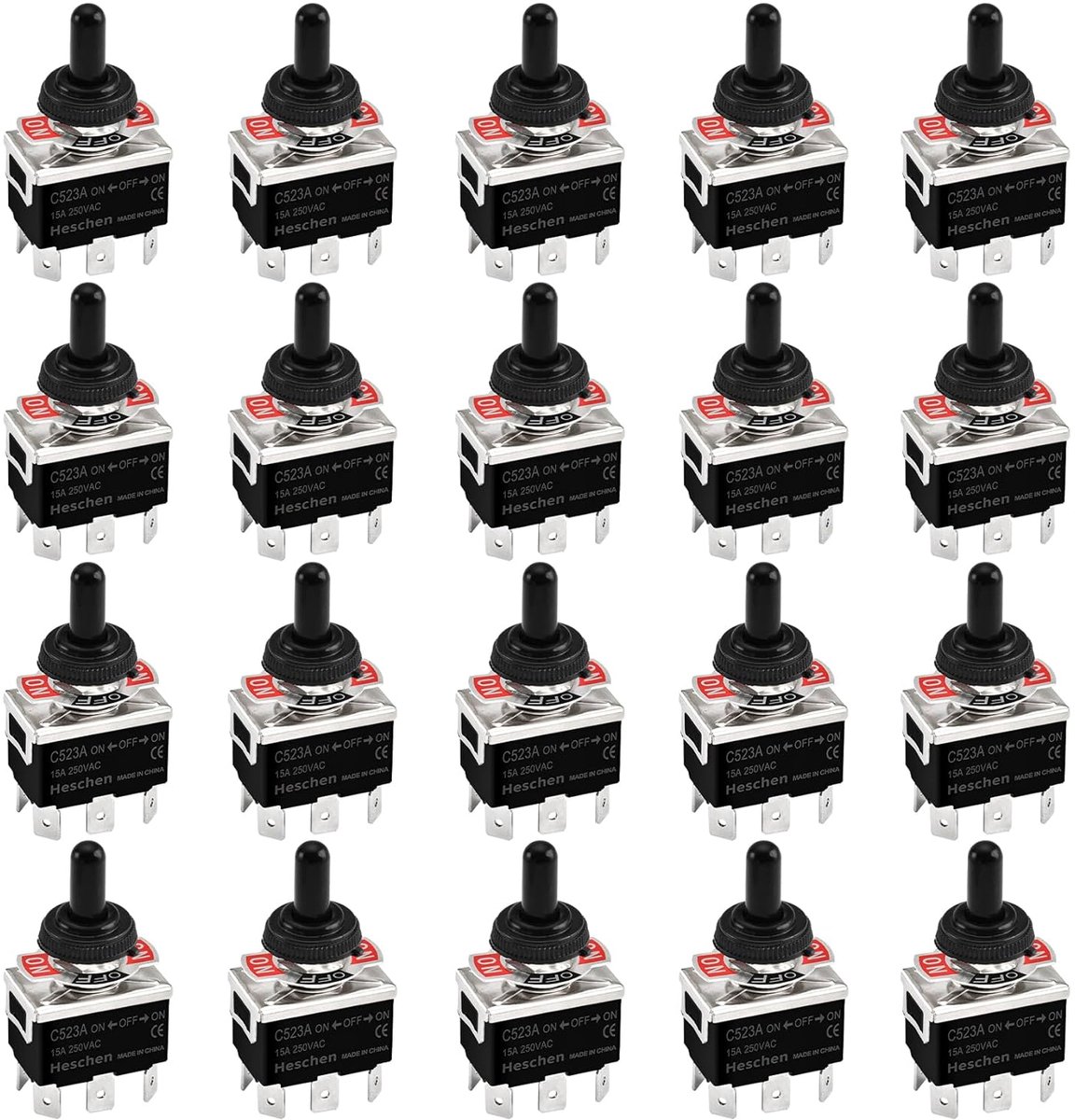 SnelShoppen - Heschen Metal Toggle Switch DPDT, On/Off Schakelaar met Waterdichte Cap, 15A 250VAC voor Tuin, Keuken, Garage, 6 Flat Plug, 12mm Montage