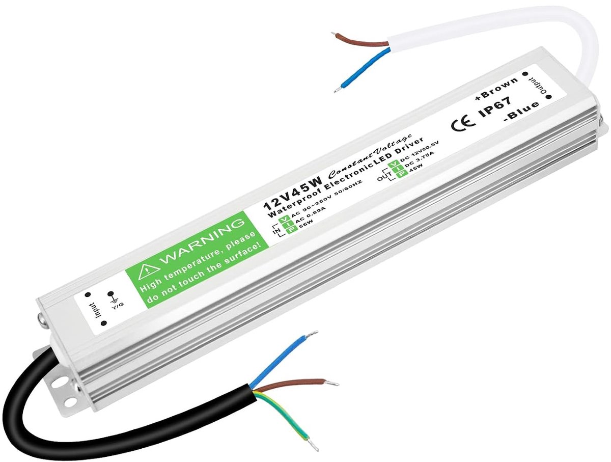 SnelShoppen - LED transformator 12V 45W, 230V naar 12V, LED driver voeding 3.75A, flikkervrij en geluidsloos, IP67 waterdichte voeding voor MR11 G4 MR