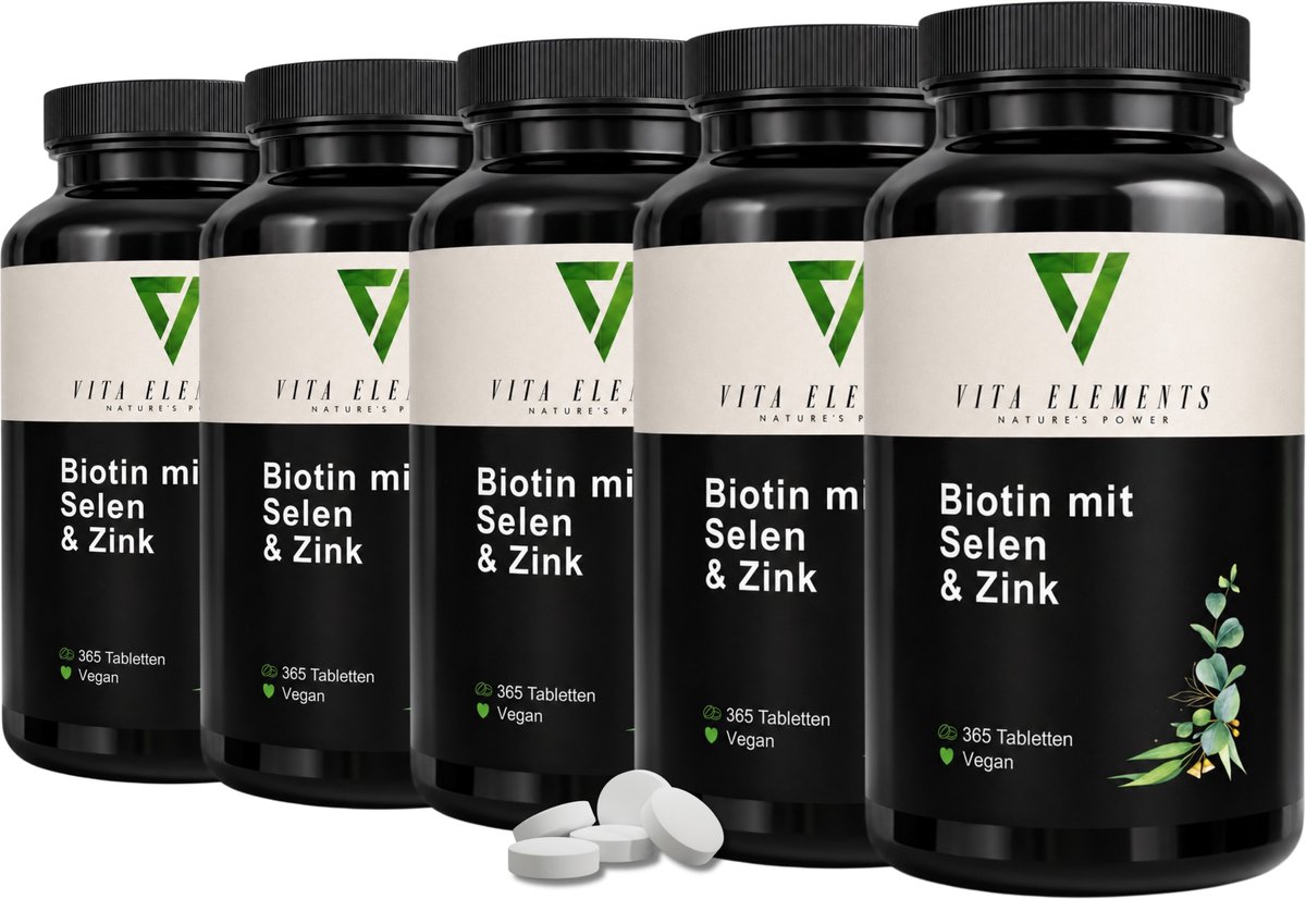 Vita Elements Biotine met Seleen en Zink Tabletten - 1000 µg Biotine - GGO-vrij - Voor Haar, Huid en Nagels - 365 Tabletten - Getest - Set van 5