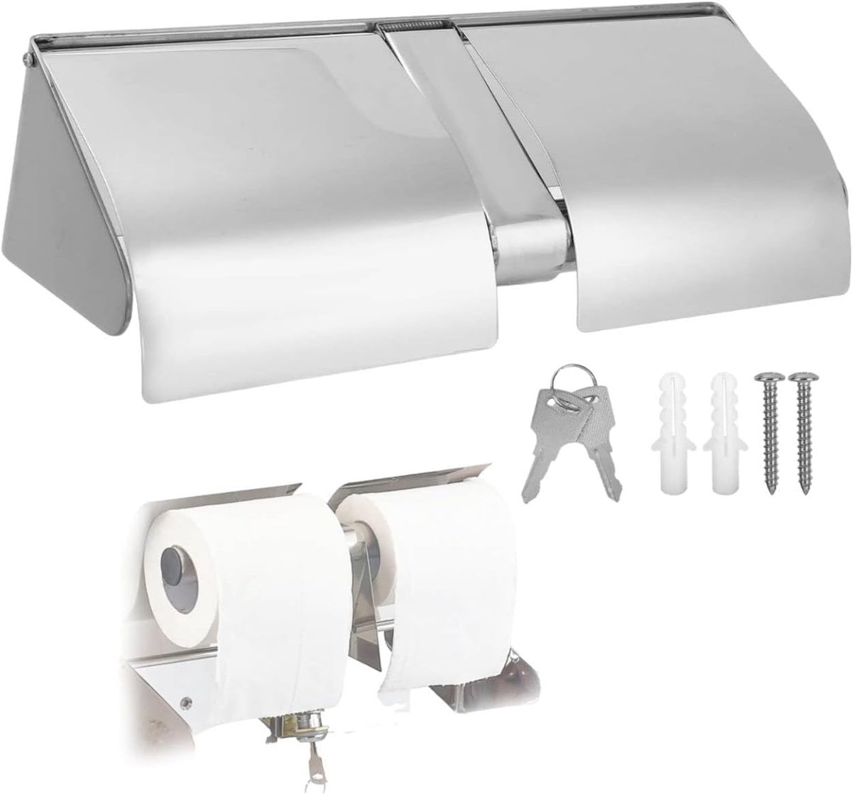 SnelShoppen - Dubbele Toiletpapierhouder RVS, Commerciële Tissue Rol Dispenser met Slot en Sleutels voor Badkamer en Toilet