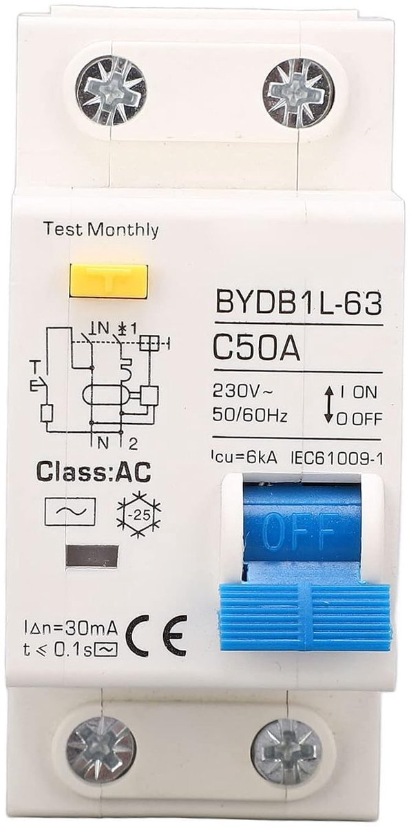 SnelShoppen - Miniatuur Stroomschakelaar DC 230V, 50A, 2P, Lucht Schakelaar met Lekbeveiliging, Overbelastingsbeveiliging, DIN Rail Montage voor Huish