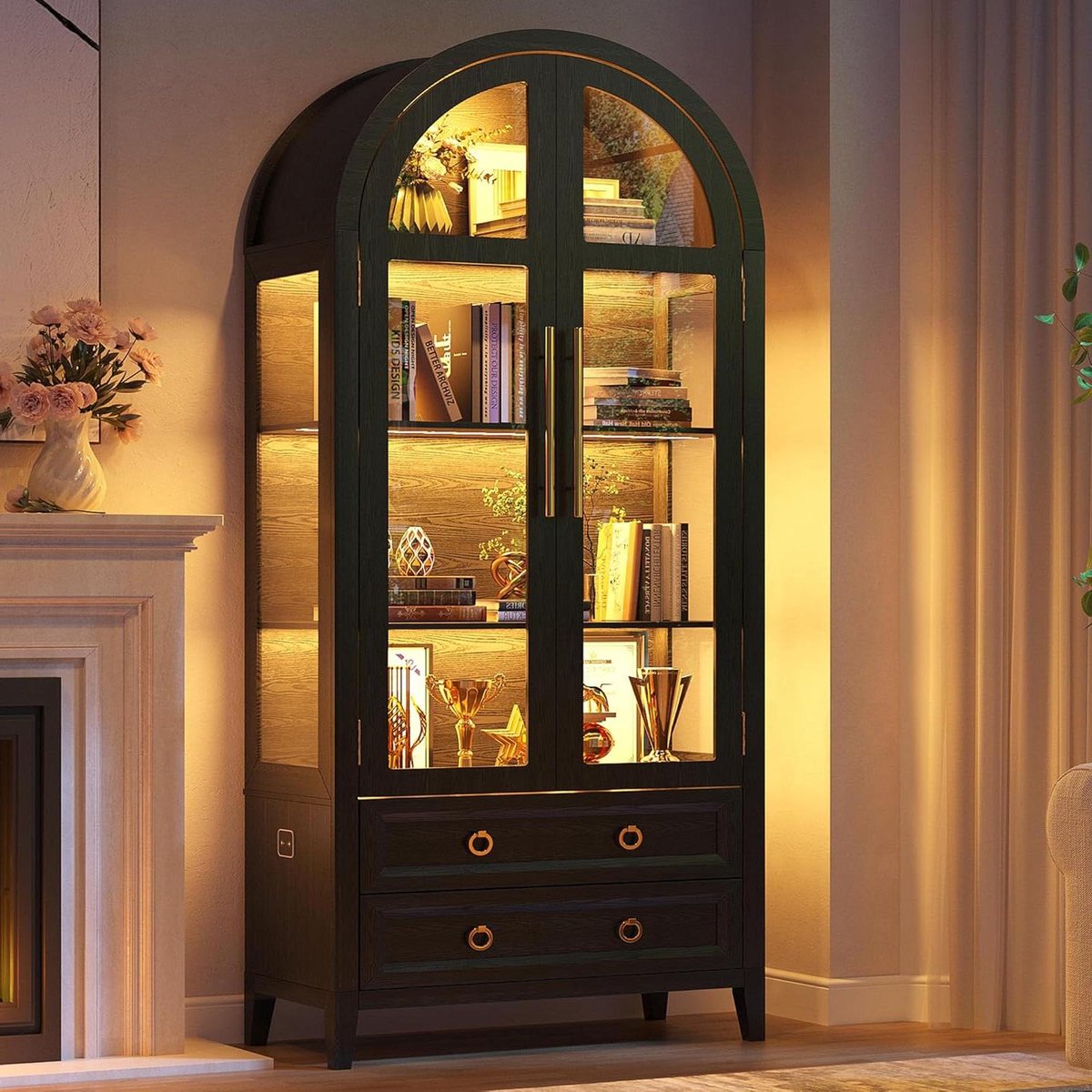 Gebogen glazen vitrine - Verlichte displaykast - Decoratie presenteren - Driekleurige LED-verlichting - 180 cm hoog - Zwart