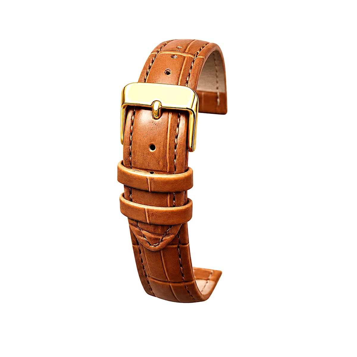 Horlogeband-Horlogebandje-14mm-Bruin-Echt leder-Gevuld-leer-Plat-Zacht-Soepel-Croco Print-Gestikt-Goudkleurige Gesp-14 mm