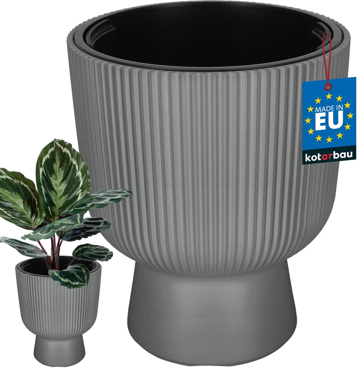 KOTARBAU® Bloempot - Plantenpot Ø 29 cm - met Binnenpot - Geribbelde Plantenbak - Plantenpot met Voet - Plantenbak - Kunststof - H: 36 cm - Grijs