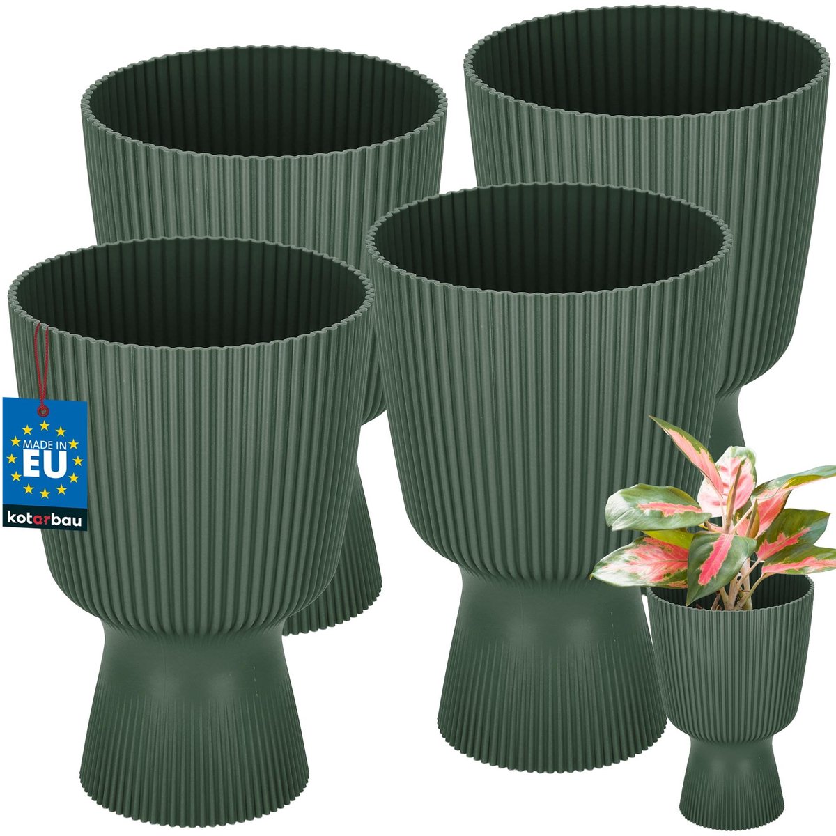 KOTARBAU® 4 Stuks - Bloempot - Plantenpot met Sokkel ⌀ 14 cm - PVC - Geribbelde Orchideeënpot - H: 21 cm - Groen - Kelkvorm