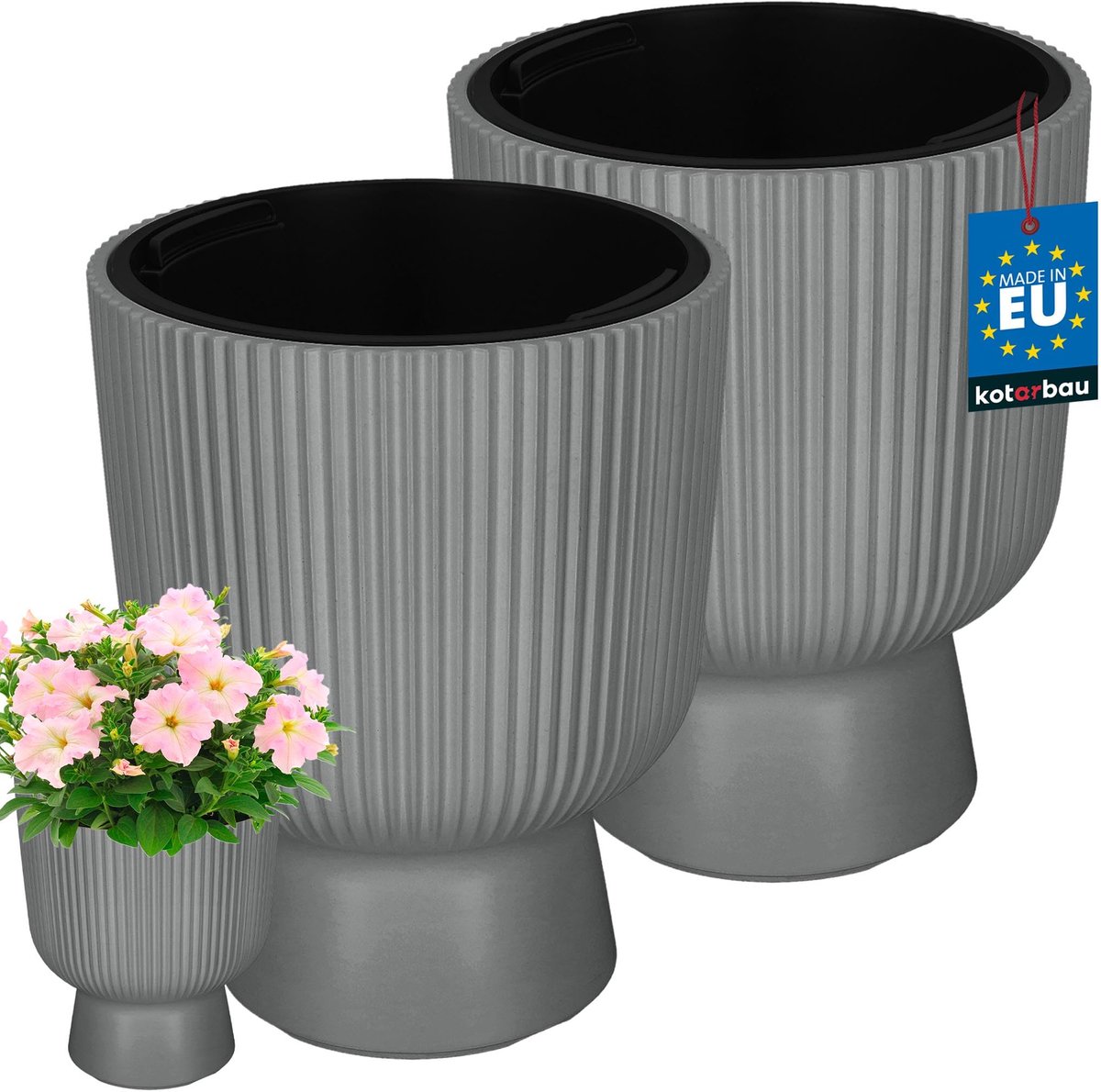 KOTARBAU® 2 Stuks - Bloempot - Plantenpot Ø 23 cm - met Binnenpot - Geribbelde Plantenbak - Plantenpot met Voet - Plantenbak - Kunststof - H: 30 cm - Grijs