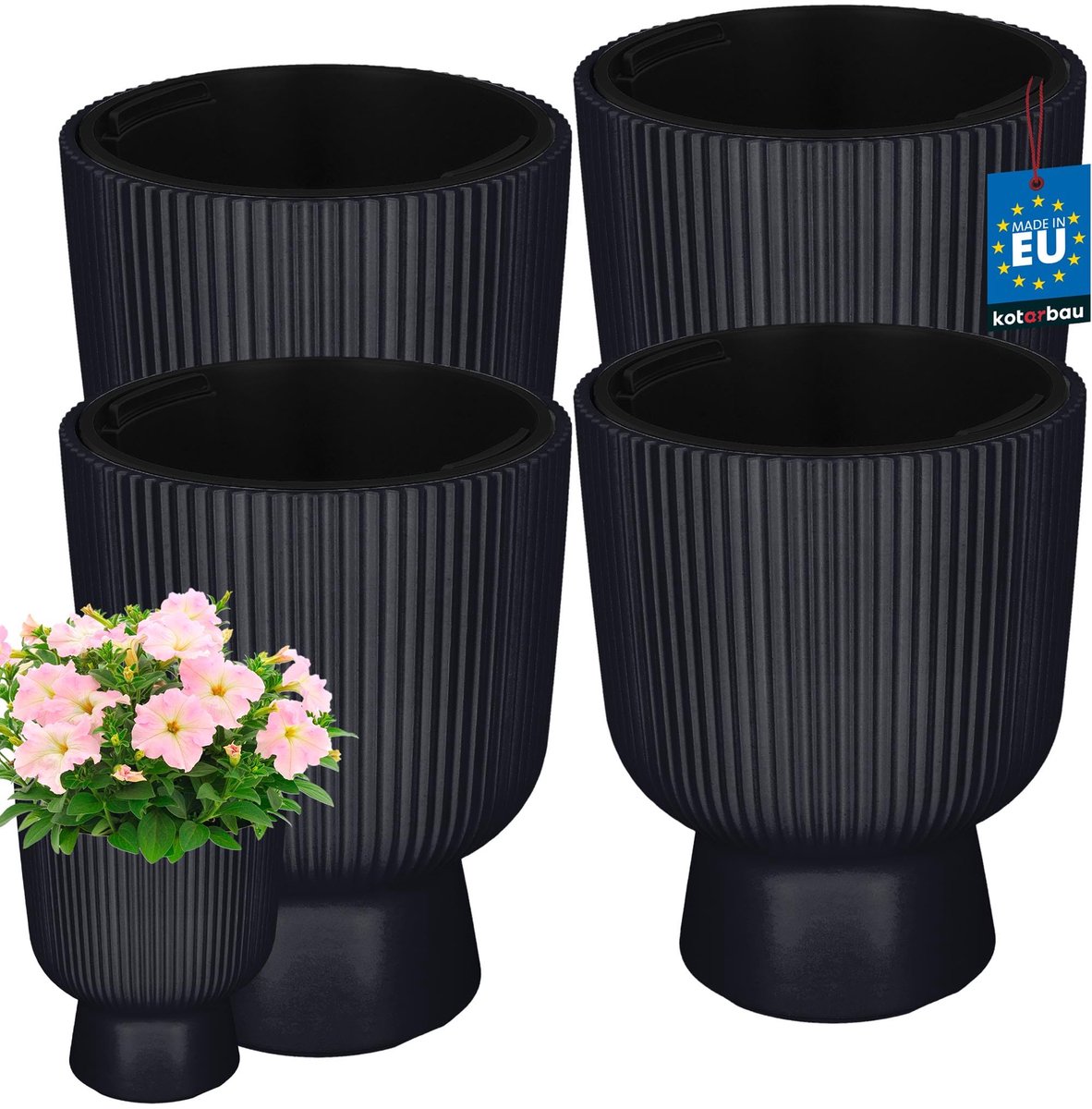 KOTARBAU® 4 Stuks - Bloempot - Plantenpot Ø 23 cm - met Binnenpot - Geribbelde Plantenbak - Plantenpot met Voet - Plantenbak - Kunststof - H: 30 cm - Anthrazit