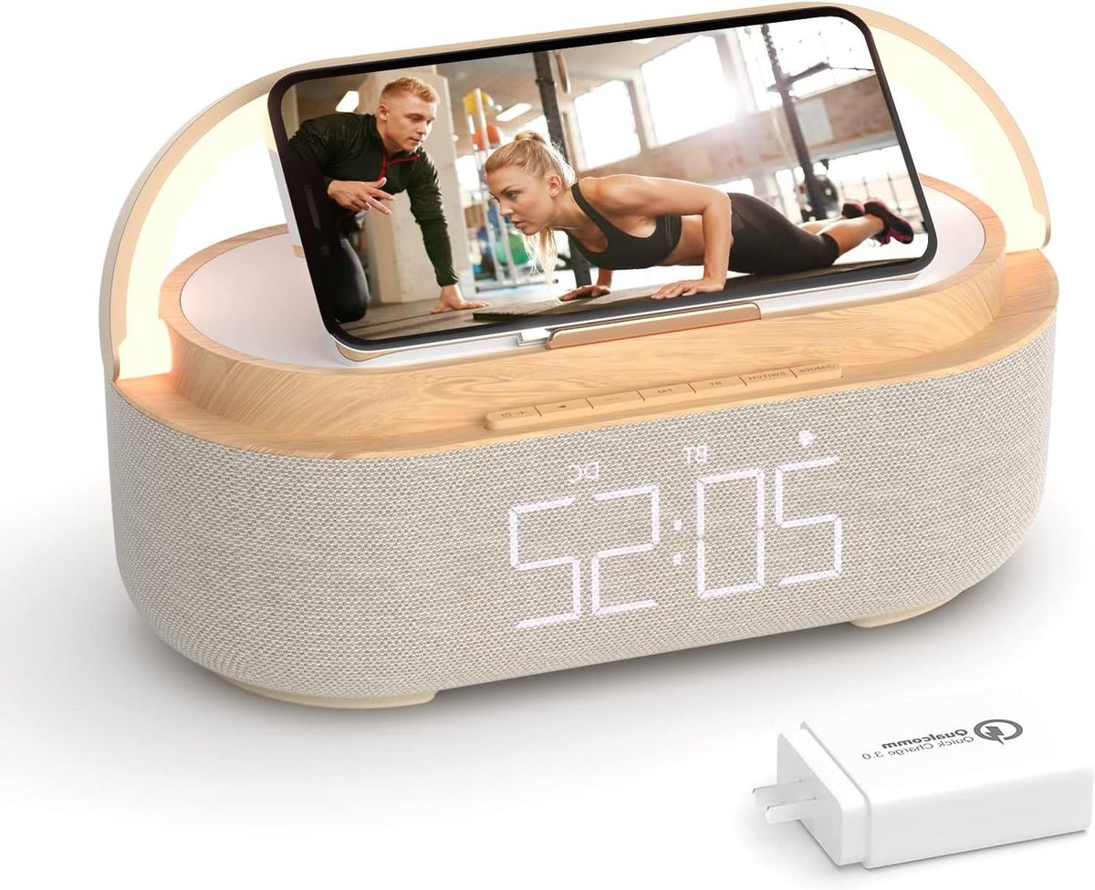 Digitale Wekkerradio - Oplader Speaker - Wakker Worden - Draadloos Laden - 23 cm Lengte - Houtkleur
