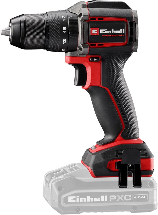 Rode en zwarte Einhell Professional accuboor met 18V PXC 4.0Ah accu, op een witte achtergrond.