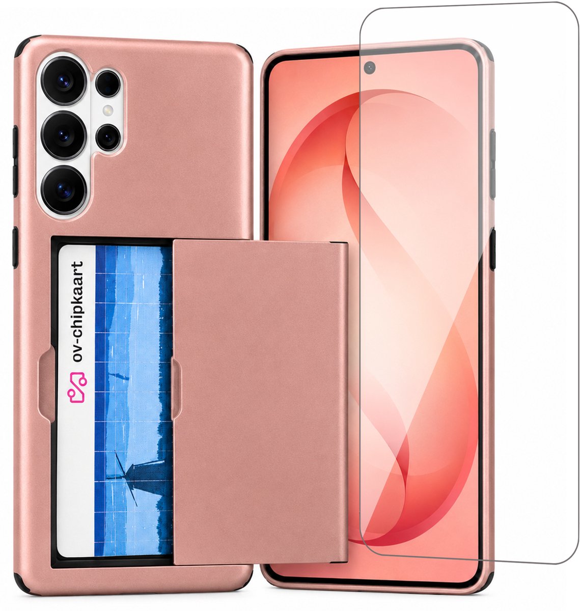 Hoesje met Pasjeshouder geschikt voor Samsung Galaxy S26 Ultra – Back Cover Slide Case – Roségoud – Met Screenprotector Glas