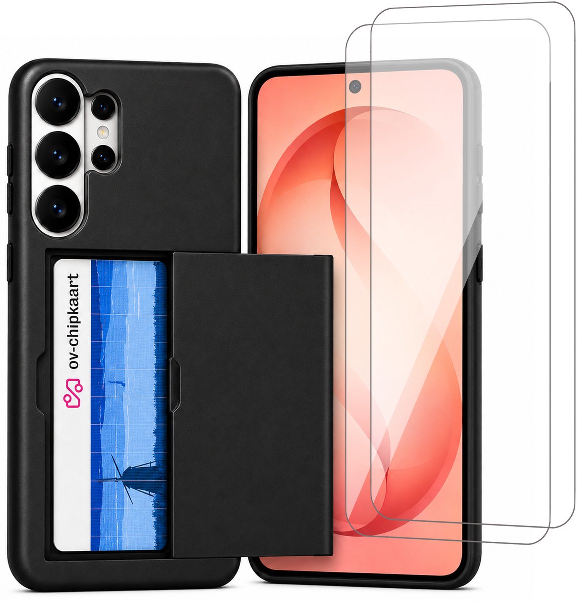Hoesje met Pasjeshouder geschikt voor Samsung Galaxy S26 Ultra – Back Cover Slide Case – Zwart – 2 Stuks Screenprotector Glas