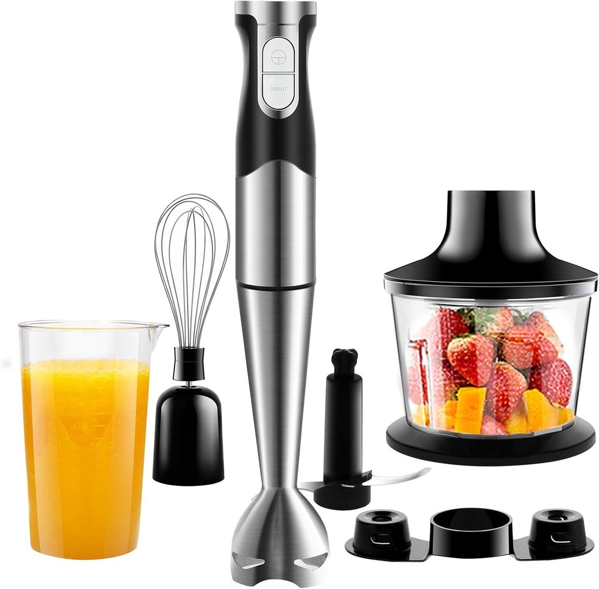 Staafmixer Set - Keukenmachine - Maaltijden Bereiden - 6-in-1 Functionaliteit - 600 ml Maatbeker - Zilver