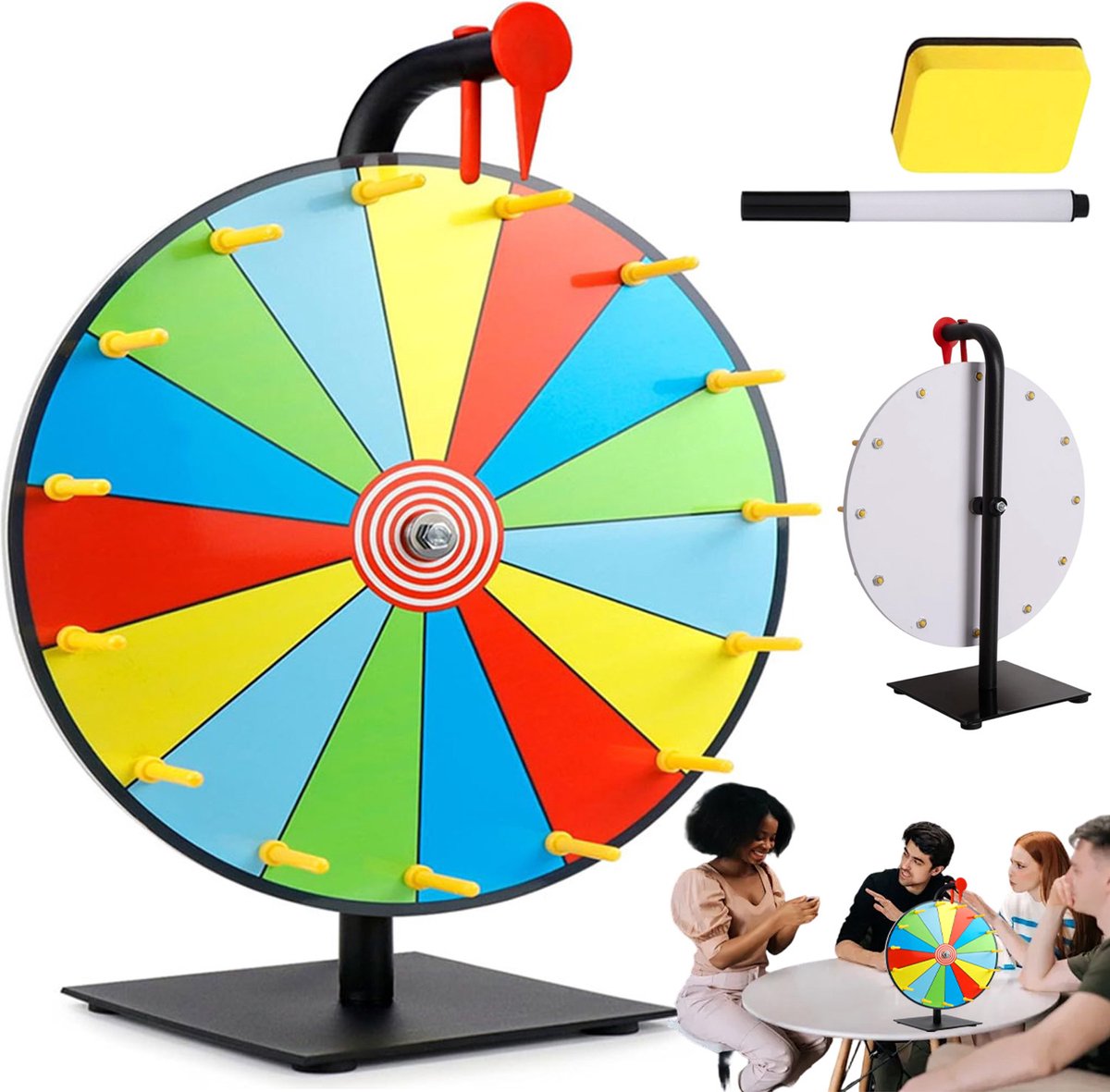 Rad van Fortuin - Draaiwiel 30 cm - PVC - 15 Schrijfvakken - met Statief - Afneembaar - Gezelschapsspel - Inclusief Marker & Wisser - Voor Feesten en Promoties- Herbruikbaar