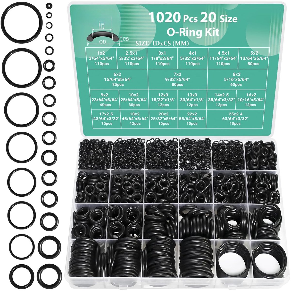 Tolvia O-Ring Assortiment - rubberen afdichtring - 1020 Stuks - Olie- en Hittebestendige O-Ringen voor Auto, Kranen, Leidingen, Pompen en Mechanische Reparaties