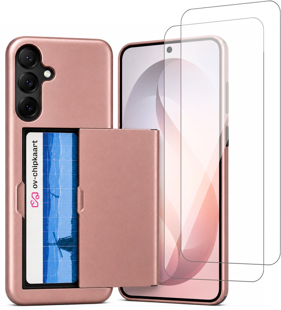 Hoesje met Pasjeshouder geschikt voor Samsung Galaxy S25 FE – Back Cover Slide Case – Roségoud – 2 Stuks Screenprotector Glas