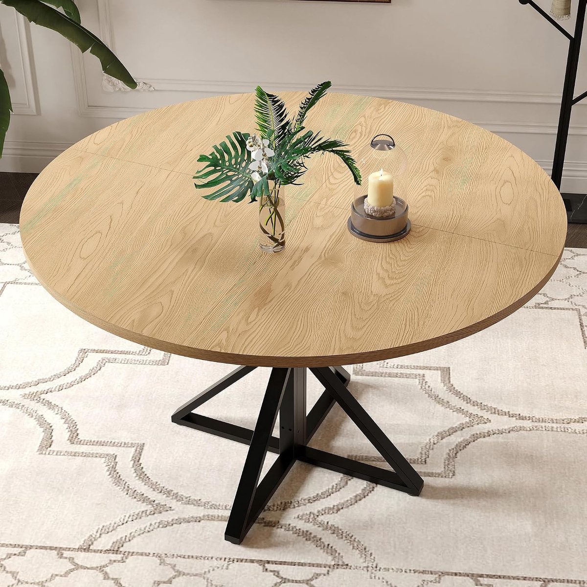 Ronde Eettafel 120 cm - Eikenlook - Voor 4 tot 6 Personen - Industrieel Metalen Onderstel - Ruimtebesparend Modern Design - Keukentafel