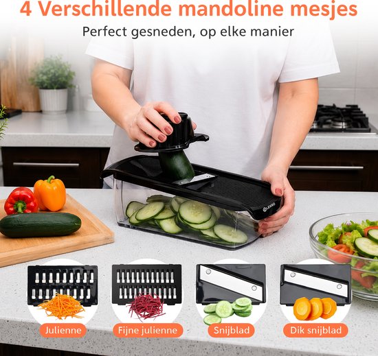 Met de Lekro mandoline snijdt u eenvoudig groenten in verschillende diktes: julienne, fijne julienne, plakjes en dikke plakjes.
