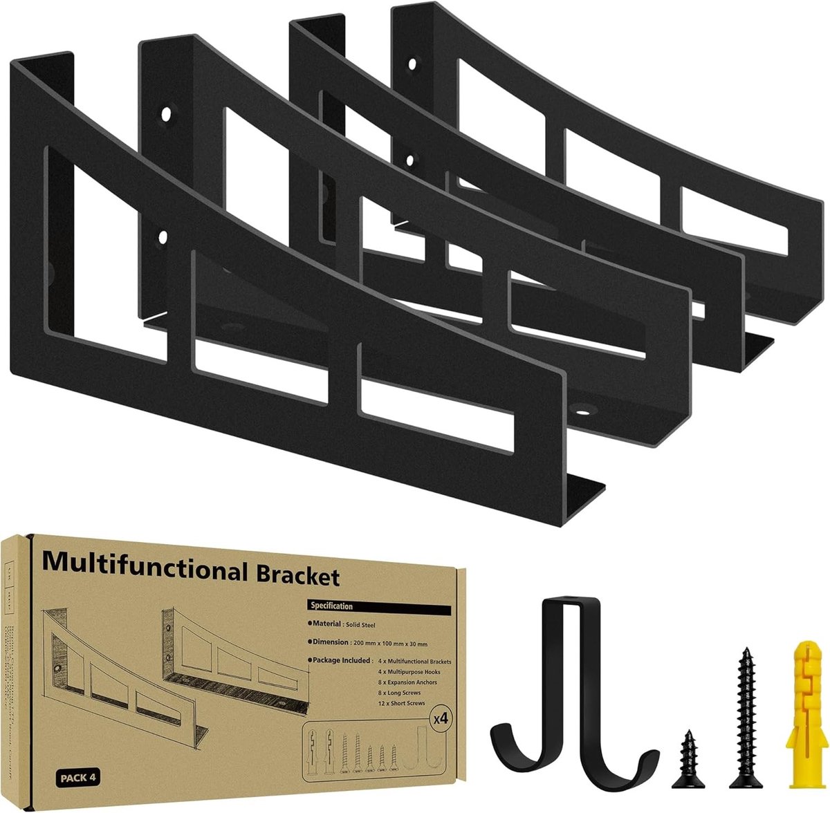 Stevige Zwarte Plankdragers van 20 cm, 4 Stuks, Wandmontage, Hoekplank, Tot 90 kg Draagvermogen, Inclusief Extra Haken