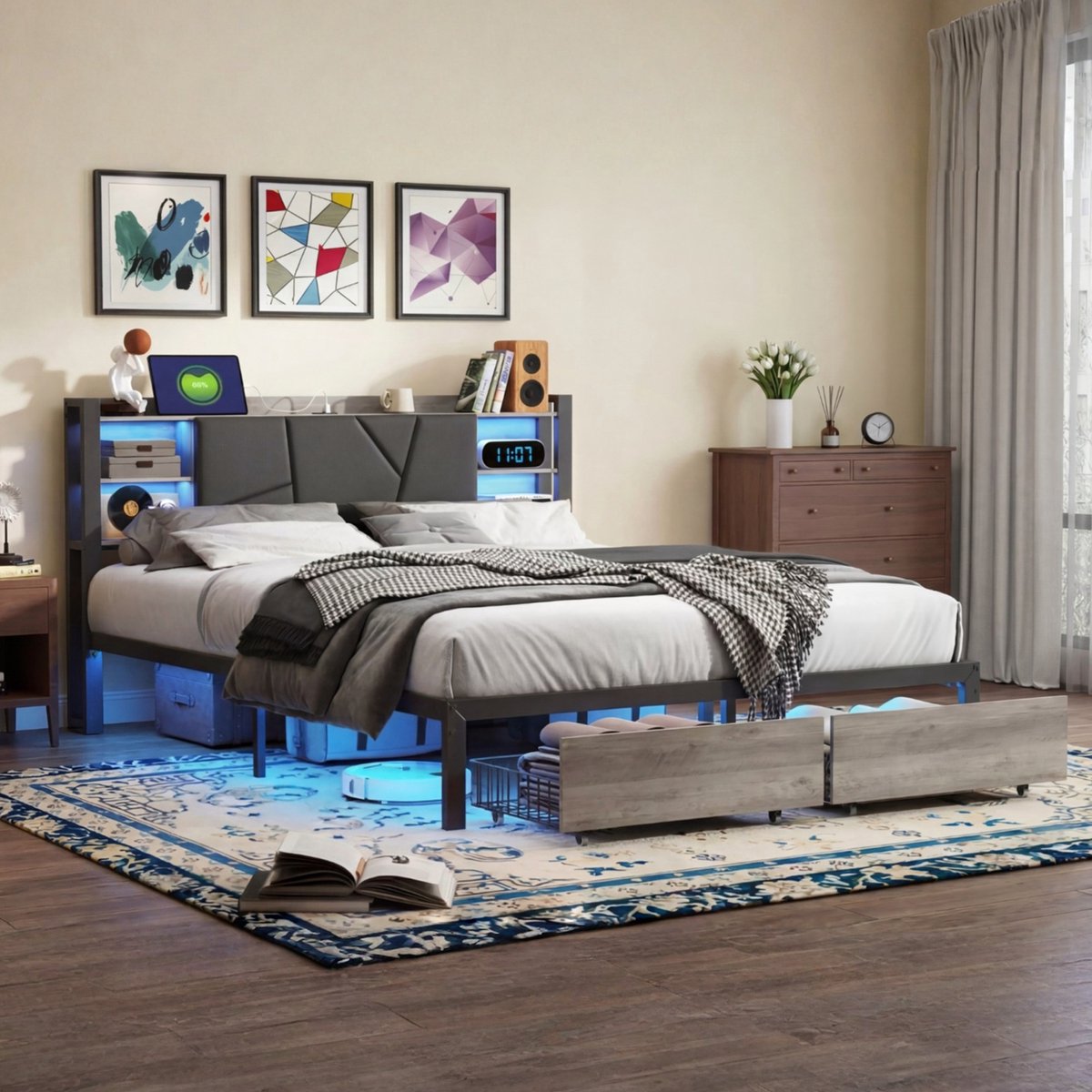 ROSAHQNDA Tweepersoonsbed 160x200 cm met LED verlichting, zwart metalen bedframe met PU hoofdbord, 2 lades, opbergruimte en stopcontact, zonder matras
