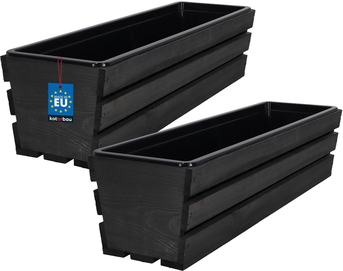 KOTARBAU® 2 Stuks - Houten Plantenbak - Bloembak Hout - met Kunststof Inzetstuk - Balkonbak - 60 x 18 x 15 cm - Antraciet - voor Terras - Balkon - Deko Planten