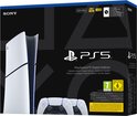 PlayStation 5 Digital Edition console in het wit en zwart, met "PS5" logo en twee witte DualSense controllers.