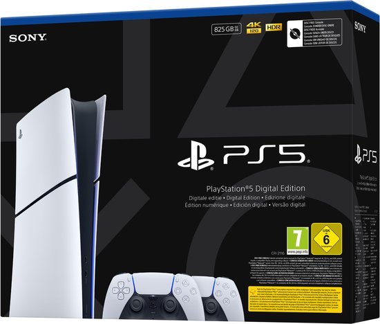PlayStation 5 Digital Edition console in het wit en zwart, met "PS5" logo en twee witte DualSense controllers.