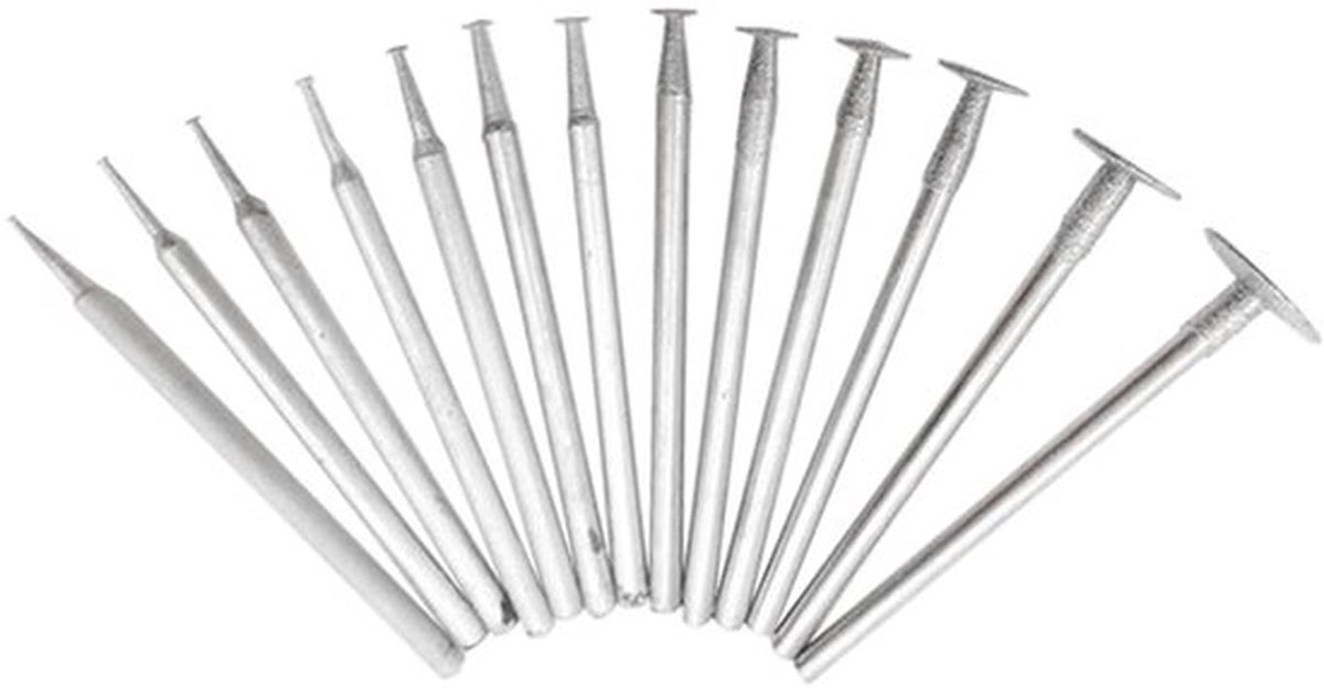 Set van 13 stuks diamant slijpschijven met T-vormige kop en 2.35mm schacht voor roterende gereedschappen, ideaal voor precisiewerk en slijpen