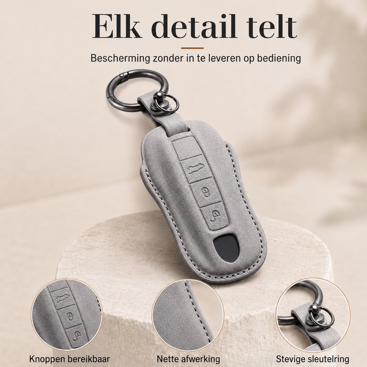 Autosleutelhoes Geschikt voor Porsche – Luxe PU-Leren Sleutelcover Type A met Metalen Karabijnhaak – Volledige Beschermhoes voor Macan, Cayenne, Panamera, Taycan, 718 en 911 – Titanium Grijs