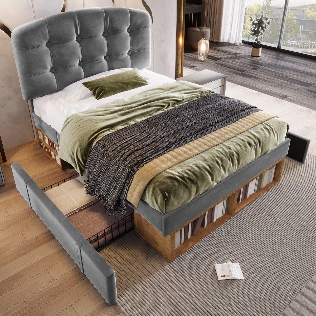 REDOM - Gestoffeerd eenpersoonsbed - Verstelbaar hoofdeinde - Met lattenbodem, bedlade en opbergruimte - Stof, metaal en hout - Grijs - 90 x 200 cm
