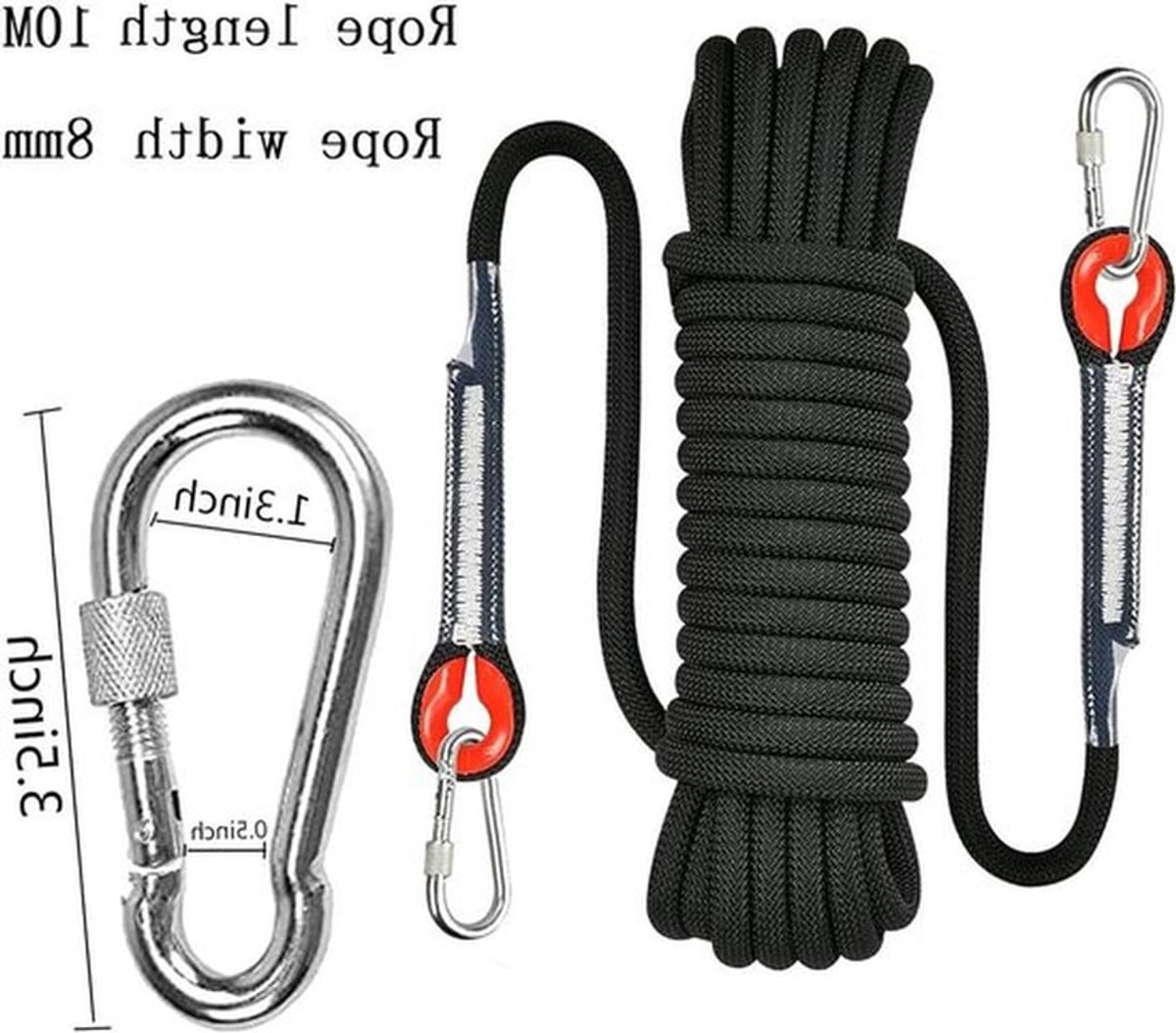 Hoogwaardige Klimtouw met 2 Carabiners, 10 meter Veiligheidskoord van 8mm Nylon voor Outdoor Activiteiten en Camping
