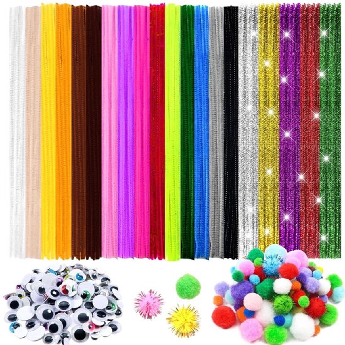 100 Stuks Pijp Reinigers in 2 Stijlen, Kleurrijke Chenille Draad met 150 Beweegbare Ogen en 250 Multicolor Pompoms voor Creatieve DIY Projecten en Decoraties