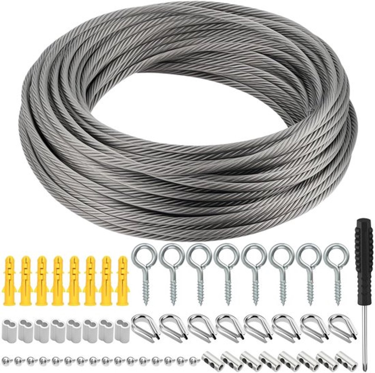 Roestvrijstalen kabel 36 m, 2 mm met aluminium sleeves, draadklem en M2, ideaal voor klimhulp, waslijn en tuinprojecten