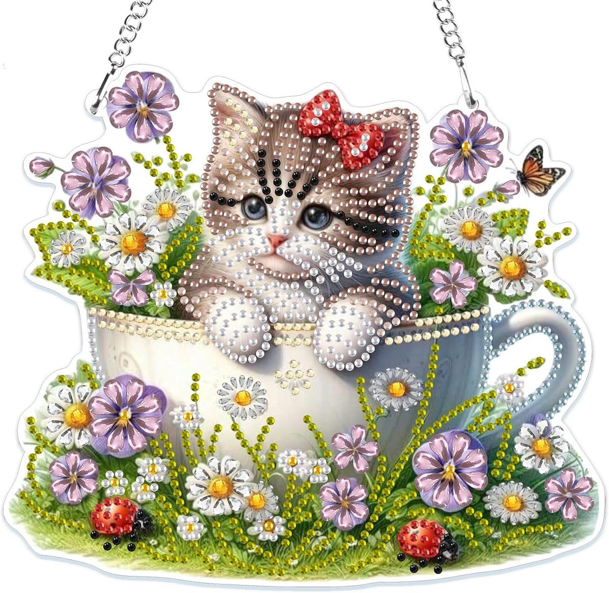 SnelShoppen - MOGTAA Hangende Kat Diamant Kunst Ornamenten met Ketting, 5D Speciale Vormen Diamant Schilderen Sets voor Volwassenen en Beginners, Bloe