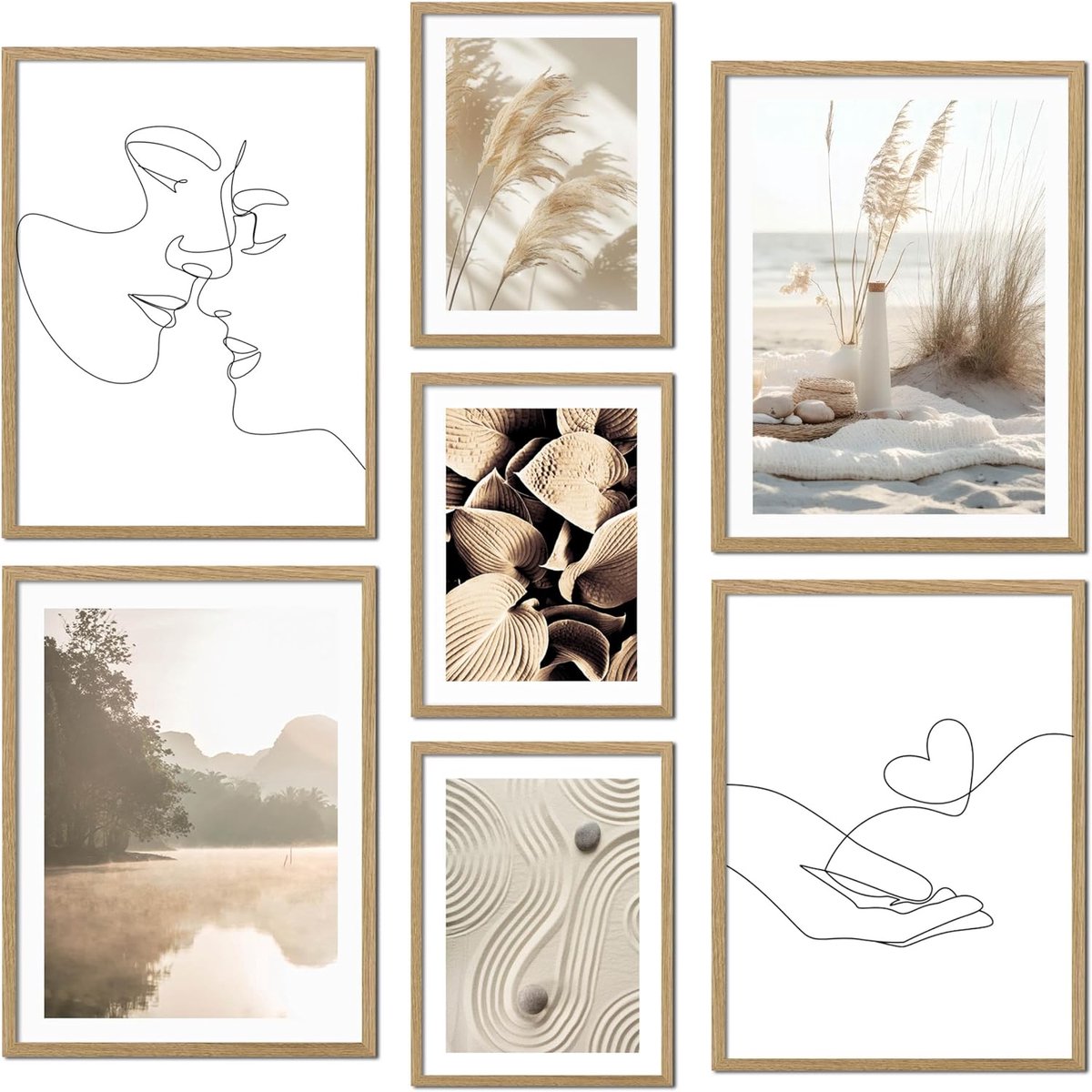 SnelShoppen - Set van 7 Posters Wanddecoratie zonder Lijst Boho Stijl, MDF Frame, Moderne Ontwerp met Beschermend Glas voor Woonkamer en Slaapkamer