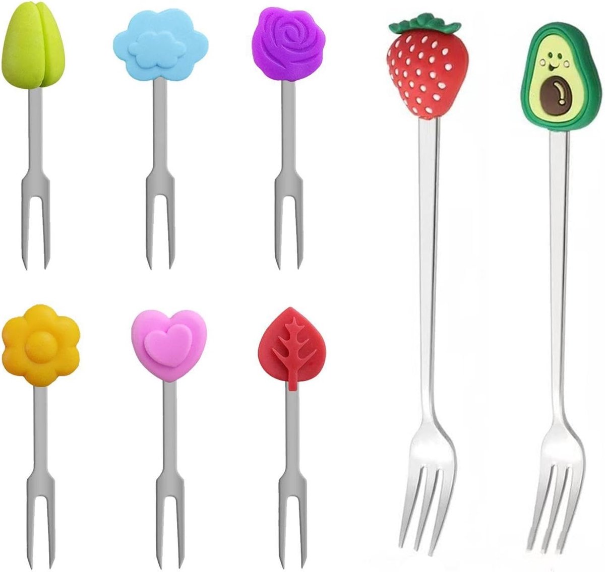 SnelShoppen - 8-delige RVS Fruitvorken Set, Creatieve Dessertvorken, Leuke Bestek voor Kinderen, Meerkleurige Fruitvorken, Ideaal voor Feesten en Tuin