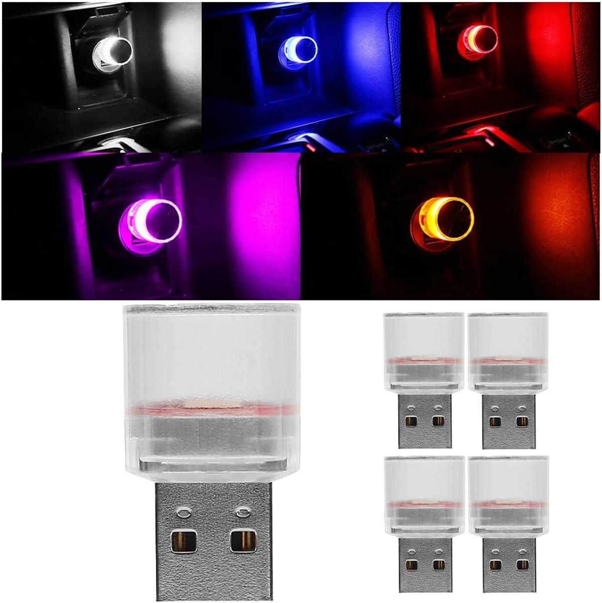 SnelShoppen - 5 Delige Universele Mini LED USB Lichten, Draadloze Auto Sfeerverlichting met Directe Aansluiting op USB, Draagbaar en Geschikt voor Fee